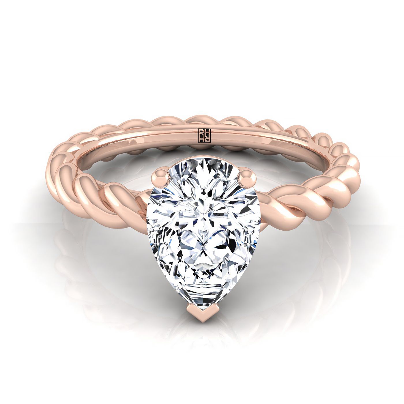 14K Rose Gold Pear Shape Center Twisted Rope Braid Solitaire Band