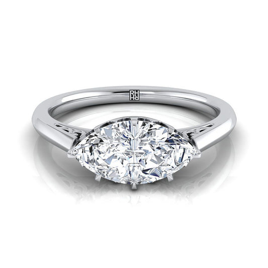 18K White Gold Marquise  Antique Scroll Detail Solitaire Engagement Ring
