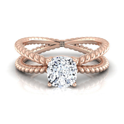 Criss Cross Twisted Rope Split Shank Solitaire Cushion, in 14K Rose Gold, prong setting | RockHer