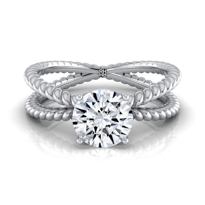 Round Brilliant, Criss Cross Twisted Rope Split Shank Solitaire, in 18K White Gold | RockHer