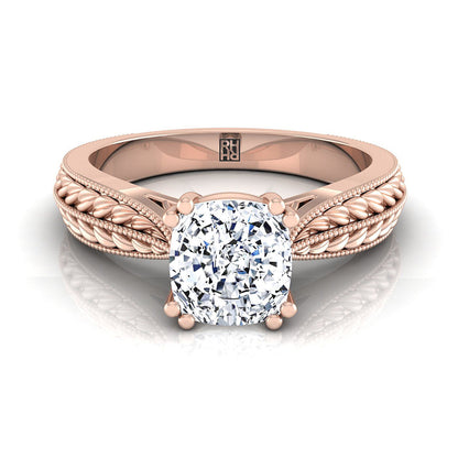 Antique Wheat Bead Solitaire Cushion, in 14K Rose Gold, prong setting | RockHer