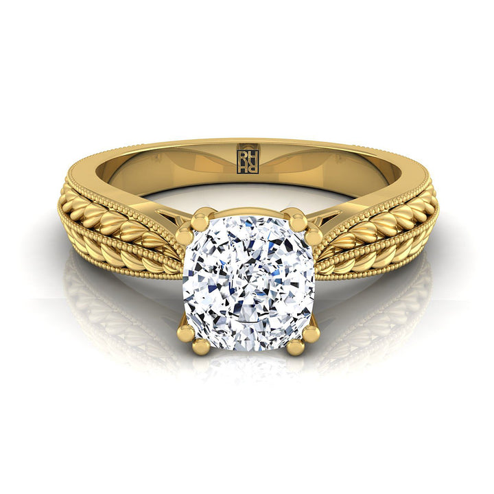 Antique Wheat Bead Solitaire Cushion, in 18K Yellow Gold | RockHer