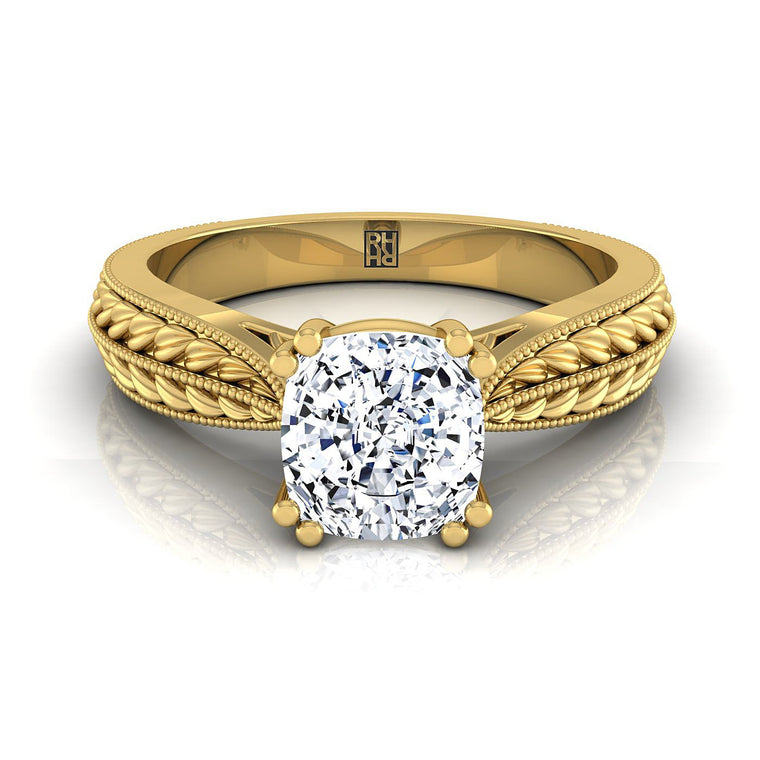 The Ophelia Select Three Stone Cushion Cut Lab Diamond Engagement Ring in 18K Yellow Gold
