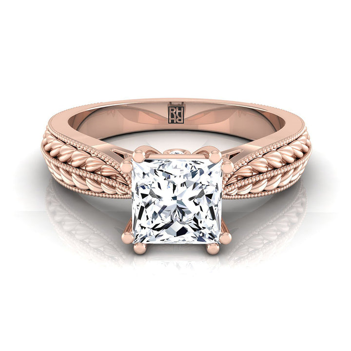 Antique Wheat Bead Solitaire Princess, in 14K Rose Gold, prong setting | RockHer