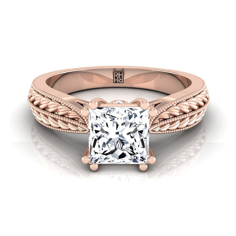 The Ophelia Antique Wheat Bead Solitaire Princess Cut Engagement Ring Setting in 14K Rose Gold