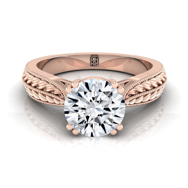 Round Brilliant, Antique Wheat Bead Solitaire, in 14K Rose Gold, prong setting | RockHer