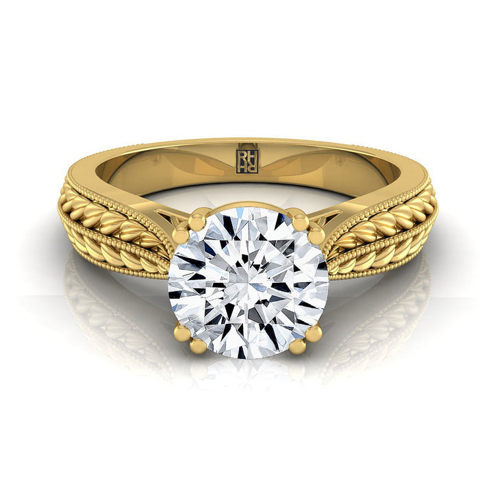 Round Brilliant, Antique Wheat Bead Solitaire, in 18K Yellow Gold | RockHer
