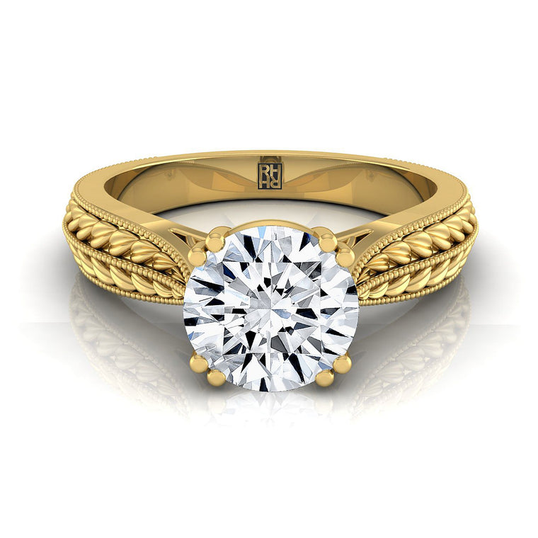 The Ophelia Select Three Stone Round Lab Diamond Engagement Ring in 18K Yellow Gold