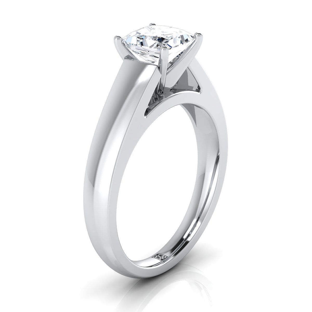 14K White Gold Princess Cut  High Polished Signet Style Tapered Solitaire Engagement Ring
