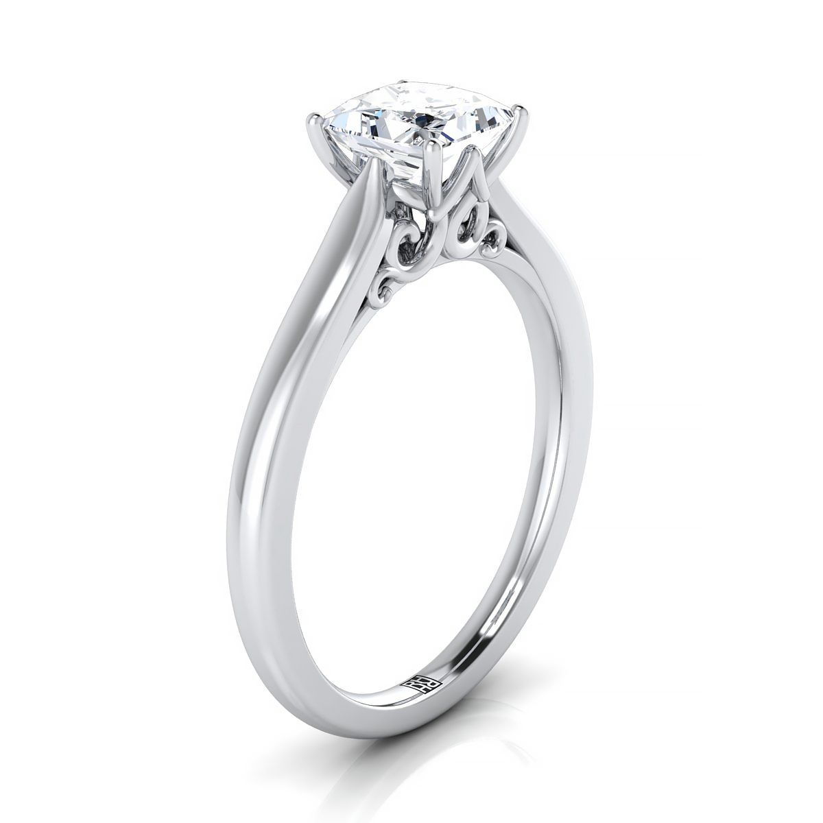 Platinum Princess Cut Scroll Gallery Comfort Fit Solitaire Engagement Ring