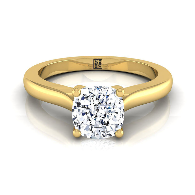 The Mary Comfort Fit Cathedral Solitaire Cushion Cut Engagement Ring Setting in 18K Yellow Gold