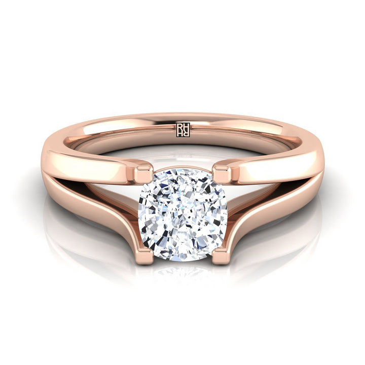 Modern Wide Split Shank Solitaire Cushion, in 14K Rose Gold, prong setting | RockHer