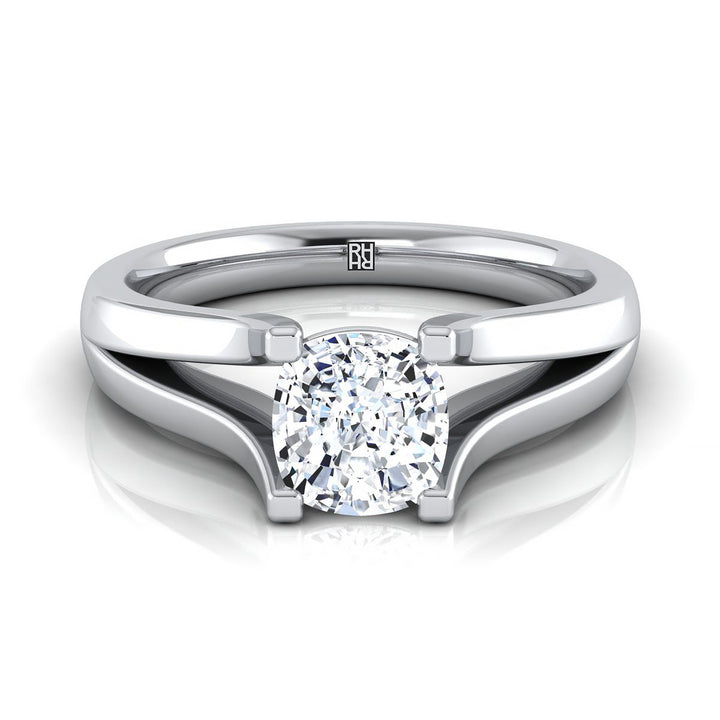 Modern Wide Split Shank Solitaire Cushion, in 18K White Gold | RockHer