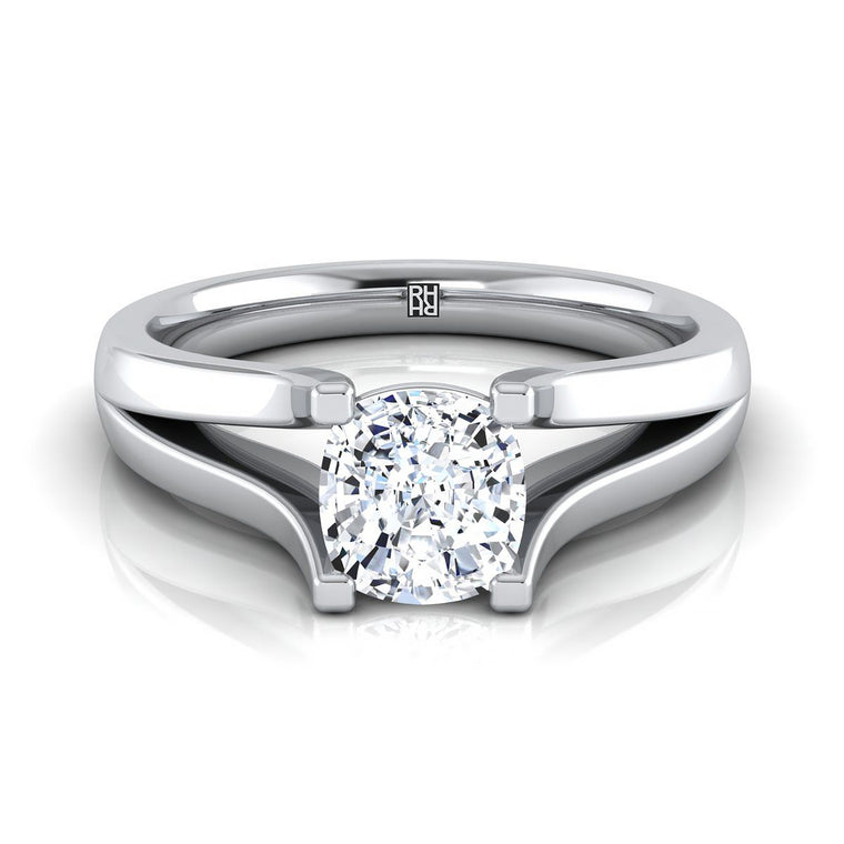 The Rosemary Modern Wide Split Shank Solitaire Cushion Cut Engagement Ring Setting in 18K White Gold