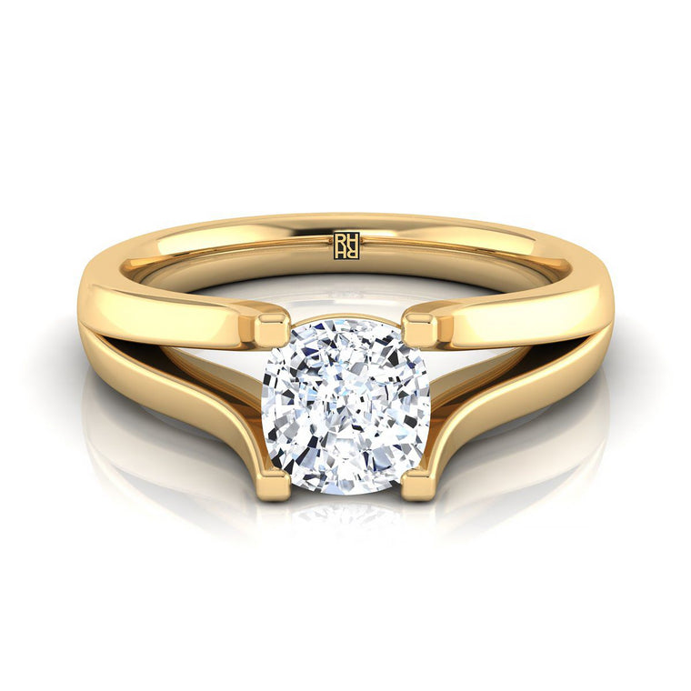 The Rosemary Modern Wide Split Shank Solitaire Cushion Cut Engagement Ring Setting in 18K Yellow Gold