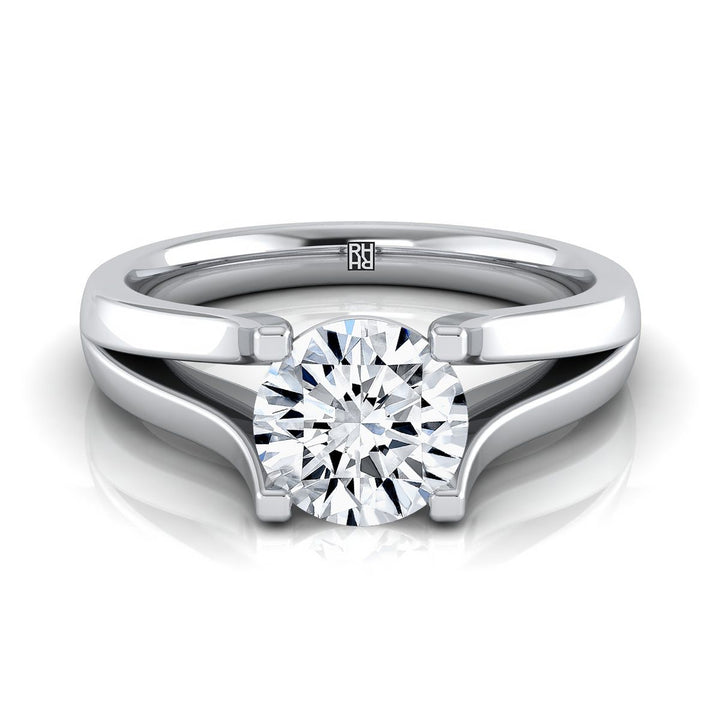 Round Brilliant, Modern Wide Split Shank Solitaire, in 18K White Gold | RockHer