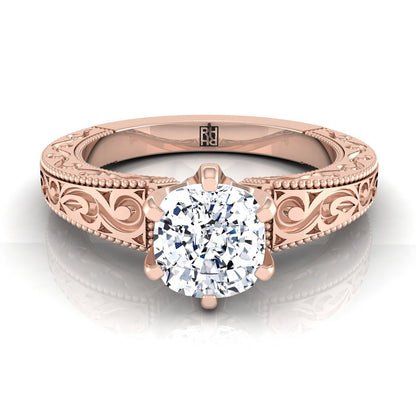Hand-Engraved Scroll Vintage Solitaire Cushion, in 14K Rose Gold, prong setting | RockHer