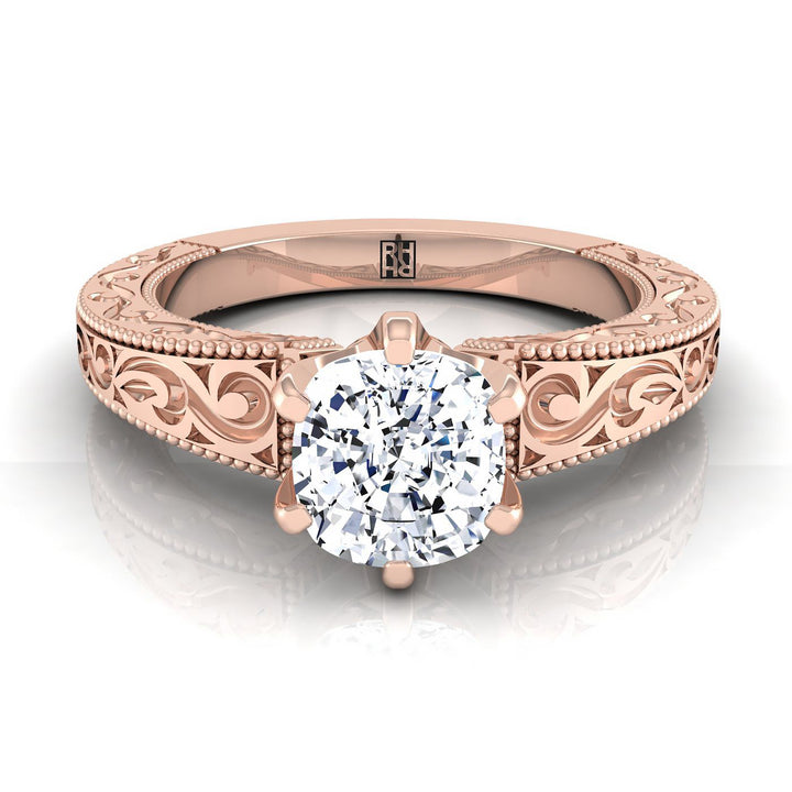Hand-Engraved Scroll Vintage Solitaire Cushion, in 14K Rose Gold, prong setting | RockHer