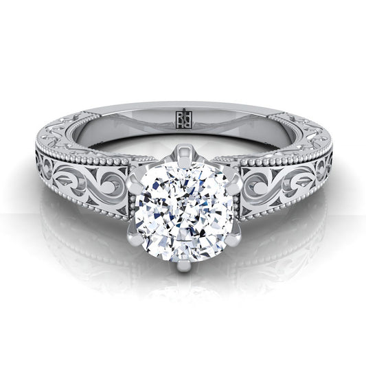 18K White Gold Cushion Hand Engraved Scroll Vintage Solitaire Engagement Ring