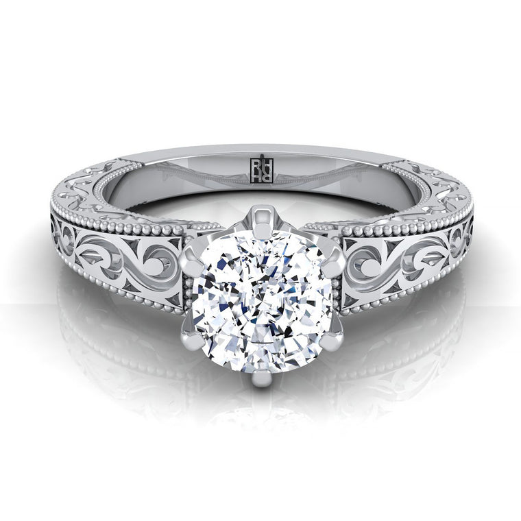 The Virginia Hand Engraved Scroll Vintage Solitaire Cushion Cut Engagement Ring Setting in Platinum
