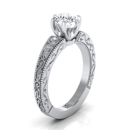 Hand-Engraved Scroll Vintage Solitaire Cushion, in Platinum – side profile | RockHer