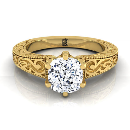 Hand-Engraved Scroll Vintage Solitaire Cushion, in 18K Yellow Gold | RockHer