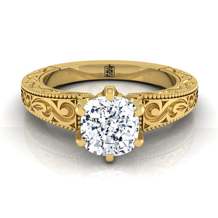 Hand-Engraved Scroll Vintage Solitaire Cushion, in 18K Yellow Gold | RockHer
