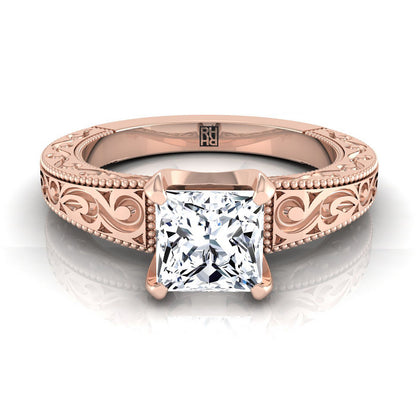 Hand-Engraved Scroll Vintage Solitaire Princess, in 14K Rose Gold, prong setting | RockHer