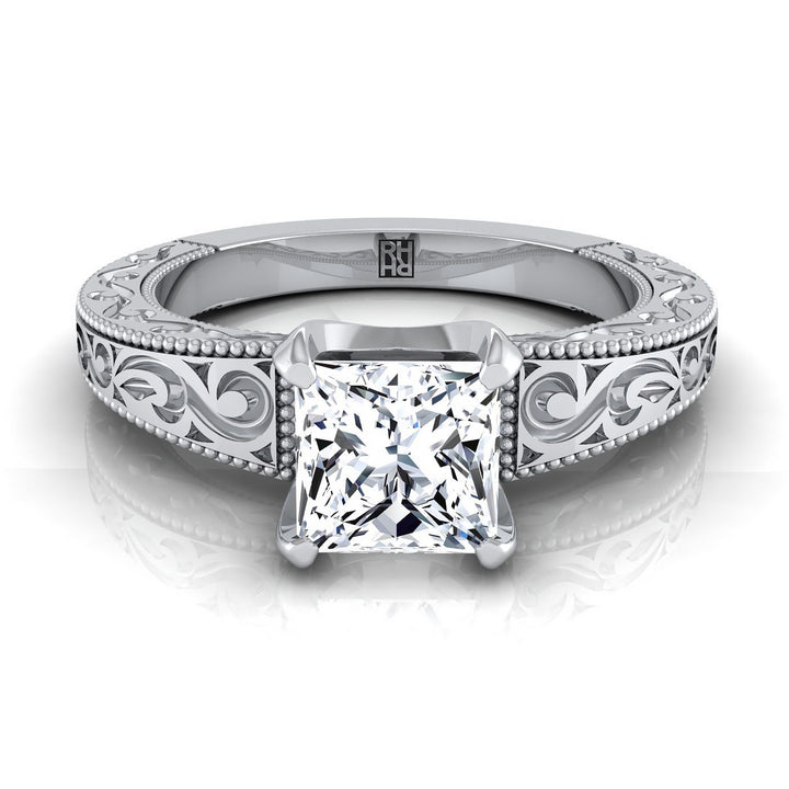 Hand-Engraved Scroll Vintage Solitaire Princess, in 18K White Gold | RockHer