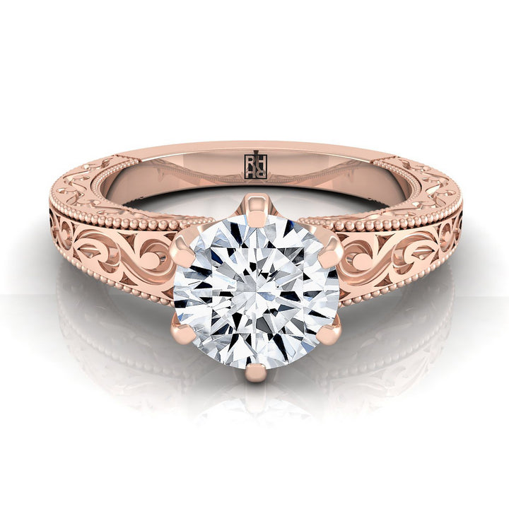 Round Brilliant, Hand-Engraved Scroll Vintage Solitaire Round, in 14K Rose Gold, prong setting | RockHer