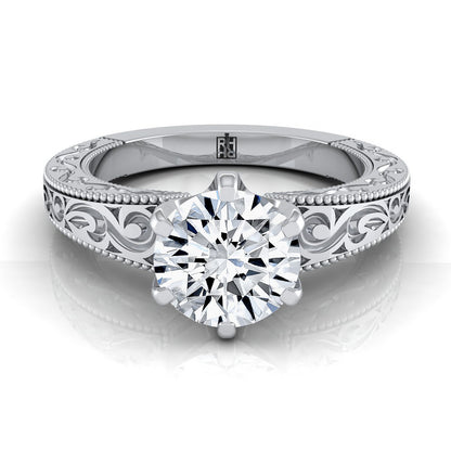 Round Brilliant, Hand-Engraved Scroll Vintage Solitaire, in 18K White Gold | RockHer