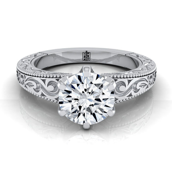 Round Brilliant, Hand-Engraved Scroll Vintage Solitaire, in 18K White Gold | RockHer