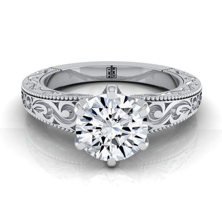 The Virginia Hand Engraved Scroll Vintage Solitaire Round Engagement Ring Setting in Platinum