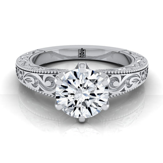 14K White Gold Round Brilliant Hand Engraved Scroll Vintage Solitaire Engagement Ring