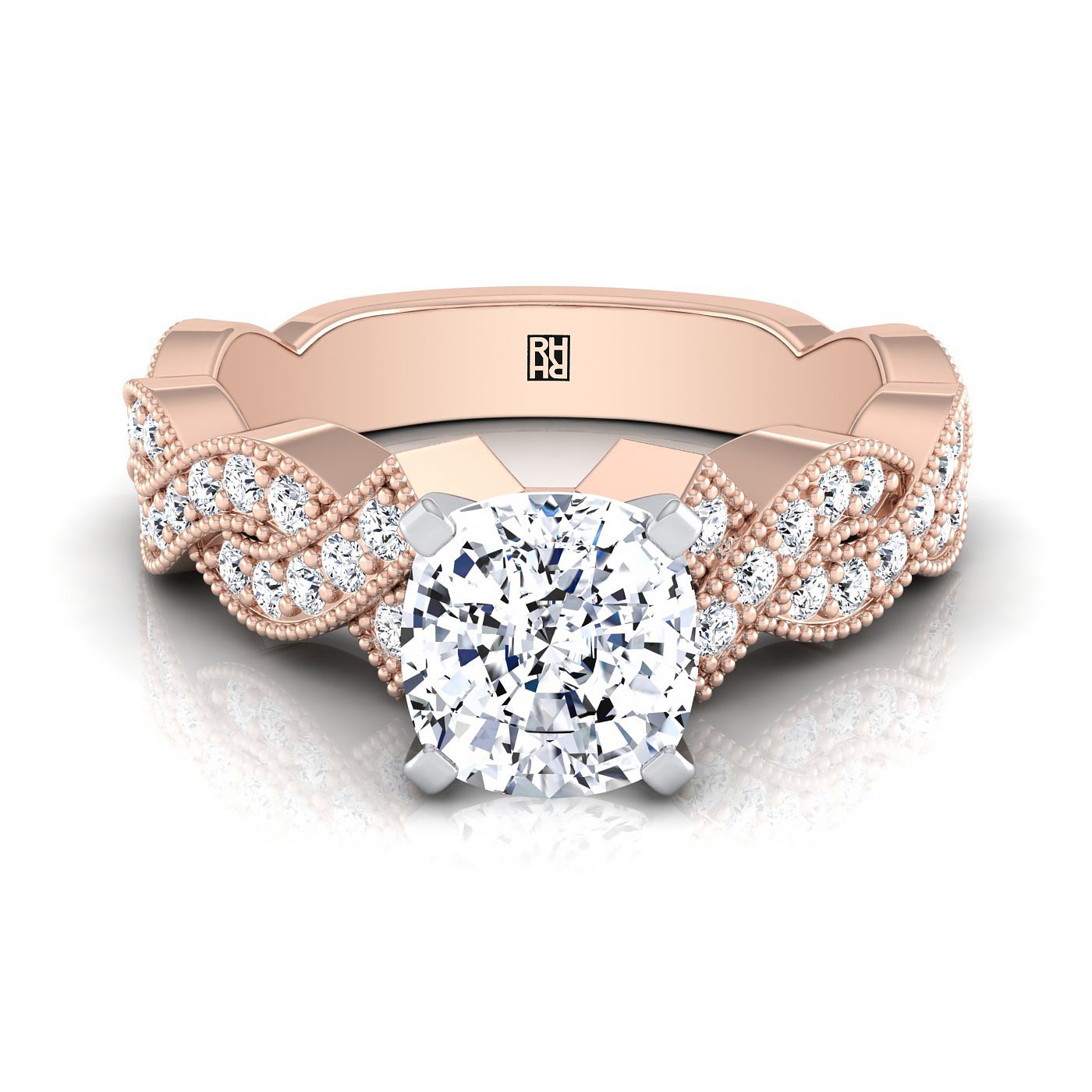 Marie Select Beaded Crossover Pavé Cushion Cut Lab Diamond Engagement Ring in 14K Rose Gold | RockHer
