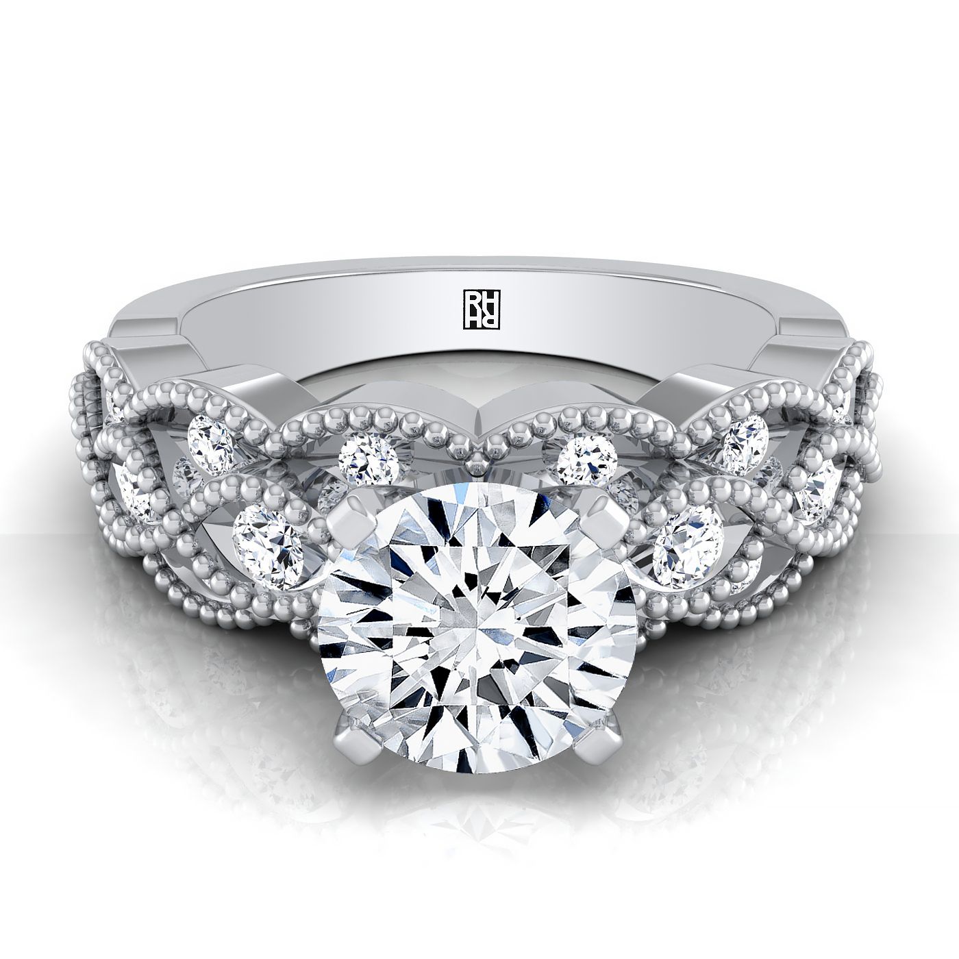 Mae Select antique beaded scalloped twist solitaire round ring in 14K White Gold — view — RockHer
