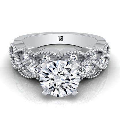 Mae Select antique beaded scalloped twist solitaire round ring in 14K White Gold — view — RockHer
