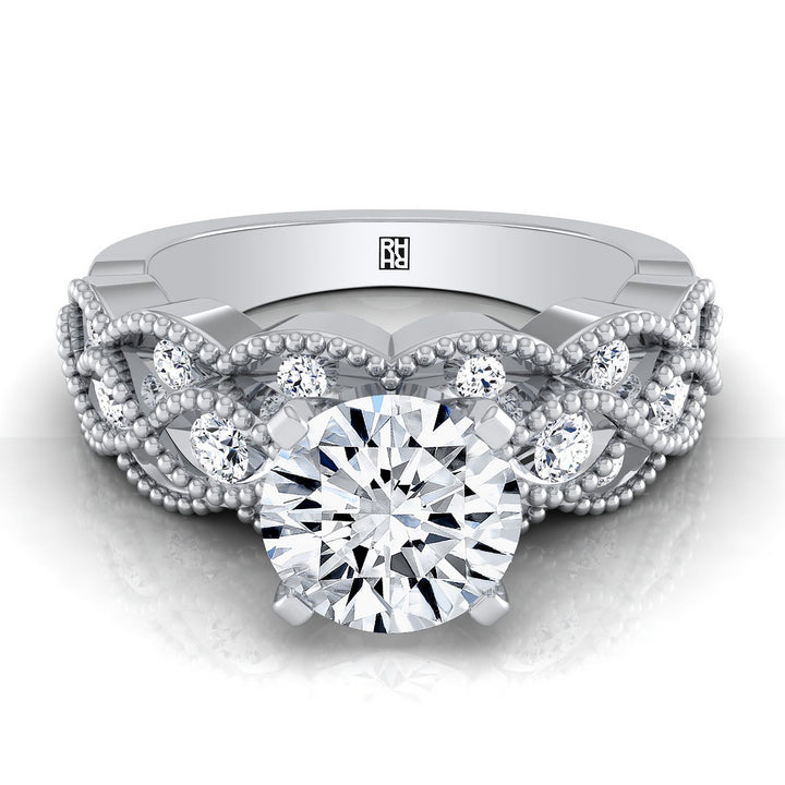 Mae Select antique beaded scalloped twist solitaire round ring in 14K White Gold — view — RockHer