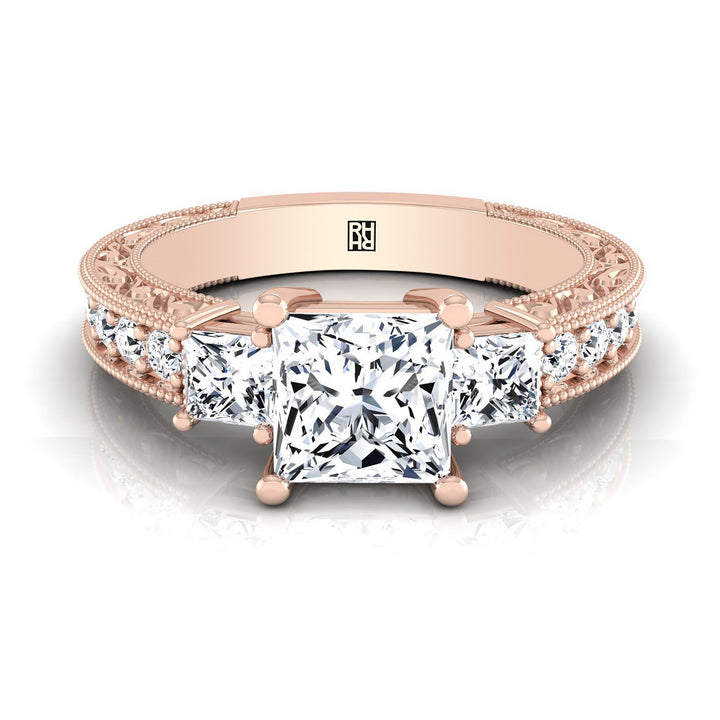 Princess, Vintage Hand-Engraved Three Stone, in 14K Rose Gold, prong setting – view 8 | RockHer