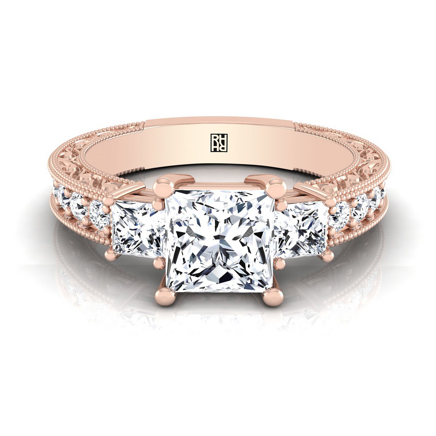 Helena Select Vintage Three Stone Princess Cut Lab Diamond Engagement Ring in 14K Rose Gold | RockHer