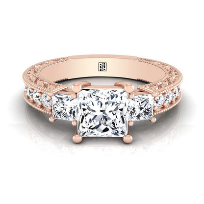 Helena Select Vintage Three Stone Princess Cut Lab Diamond Engagement Ring in 14K Rose Gold | RockHer