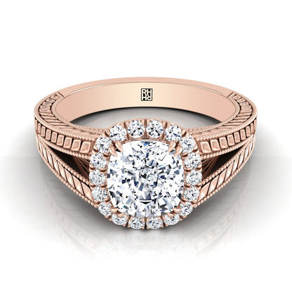 Vintage Wheat Engraved Halo Cushion, in 14K Rose Gold, prong setting | RockHer