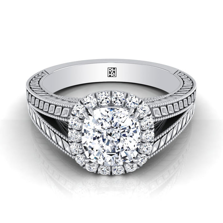 Vintage Wheat Engraved Halo Cushion, in Platinum, prong setting | RockHer