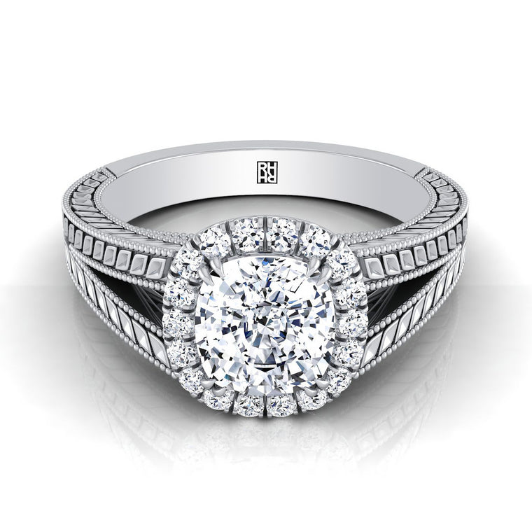 The Ramona Vintage Wheat Engraved Halo Cushion Cut Engagement Ring Setting in Platinum