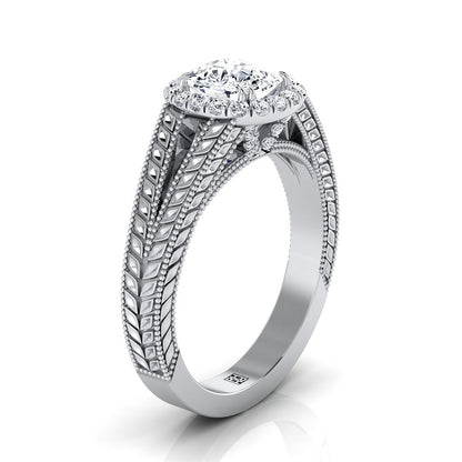 Vintage Wheat Engraved Halo Cushion, in 18K White Gold – side profile | RockHer