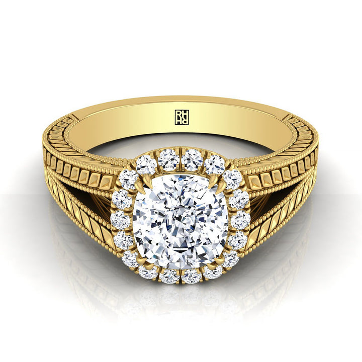 Vintage Wheat Engraved Halo Cushion, in 18K Yellow Gold | RockHer