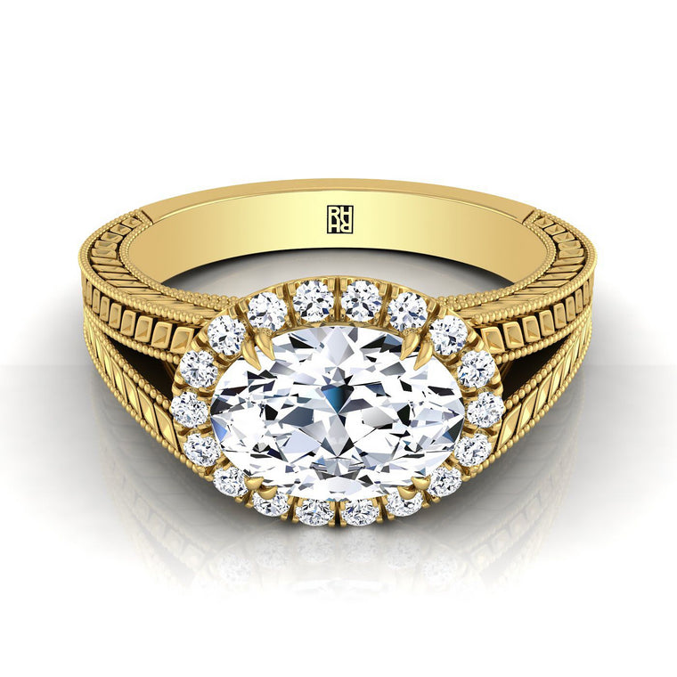 The Ramona Vintage Wheat Engraved Halo Oval Engagement Ring Setting in 18K Yellow Gold