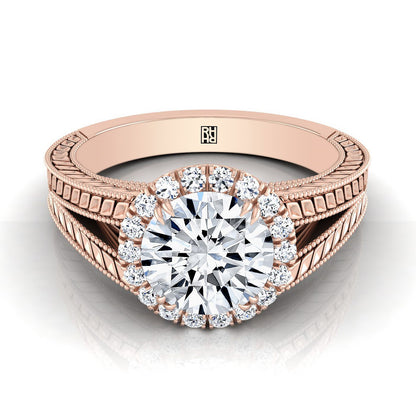Round Brilliant, Vintage Wheat Engraved Halo, in 14K Rose Gold, prong setting | RockHer