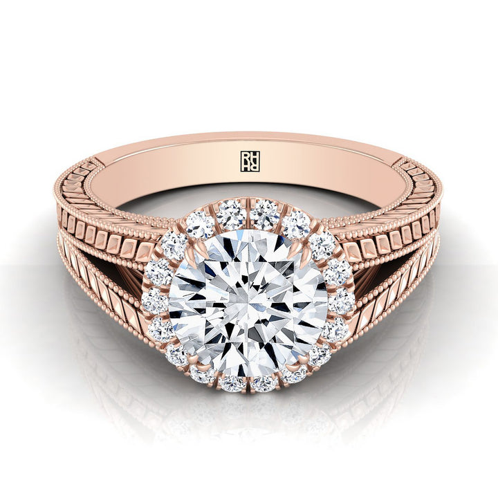 Round Brilliant, Vintage Wheat Engraved Halo, in 14K Rose Gold, prong setting | RockHer