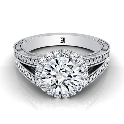 Round Brilliant, Vintage Wheat Engraved Halo, in Platinum, prong setting | RockHer
